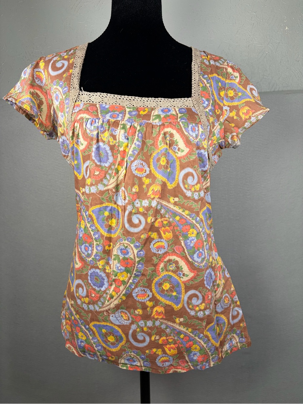 Sweetees Y2K Vintage Brown Paisley Square-Neck Short Sleeve Top